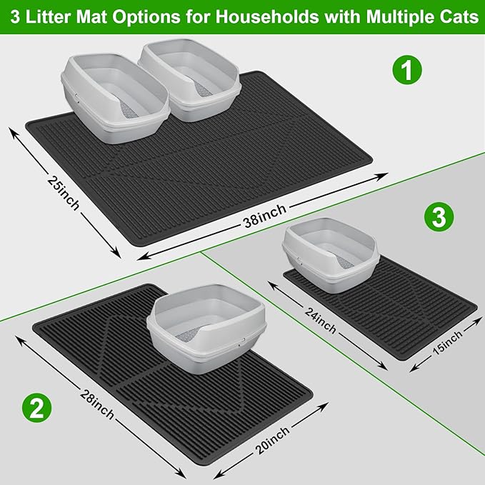 Gosmol Cat Litter Mat, 24"x15" Waterproof & Urine-Proof Silicone Trapping Mat with Deep Grooves, Easy Clean Non-Slip Rubber Cat Mat for All Litter Boxes (Hooded/Self-Cleaning) & Floors, Black