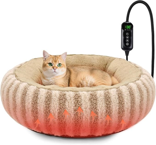 Toove Heated Cat Bed Indoor - 20" Heating Donut Pet Bed for Cats and Small Dogs, Ultra Soft & Cozy Sleeping Cat Beds, Machine Washable, Waterproof & Safe Warming with Timer and Temperature Control