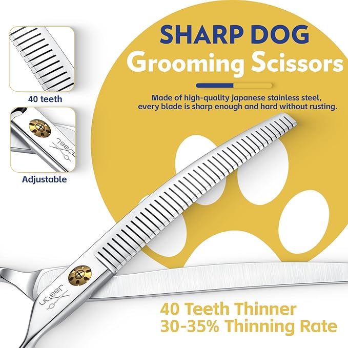 JASON Dog Thinners for Grooming - 7" Down-curved Blender Scissors with 30%-35% Thinning Rate, Japanese 440C Stainless Steel Dog Grooming Thinning Shears with Adjustable Screw (40 Teeth, Silver)