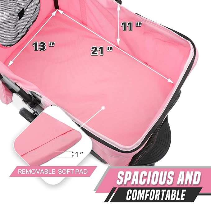 Cat Dog Stroller, 3-Wheels for Medium/Puppy Dogs 30 Lbs, Foldable Pets Stroller with Storage Basket and Cup Holder, Breathable Mesh Pink