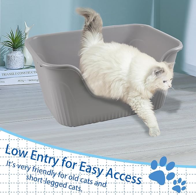 Large Cat Litter Box Low Entry for Indoor Cats,High Sides Open Top Cat Litter Pan Anti-Splashing High Wall Easy Clean Cat Litter Tray for Kittens,Big or Senior Cats(Gray)