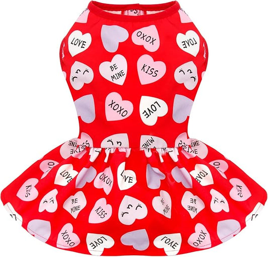 cyeollo Valentines Day Dog Dress Holiday Theme Outfit Heart Pattern Chiffon SkirtGirl Dog Clothes Dresses for Puppy Dogs Cats Apparel
