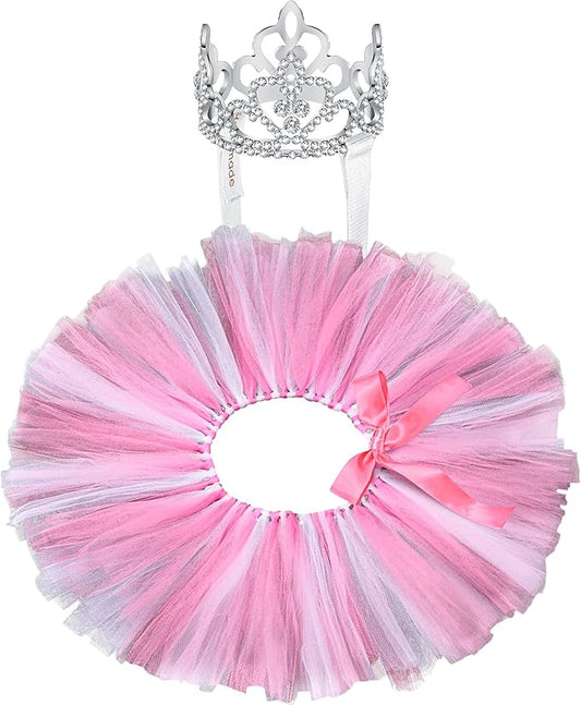 2 Pcs Dog Crown Headband Dog Tutu Dress Set Crystal Rhinestone Tiara Crown Tutu Skirt Pet Dress Costume for Puppy Birthday Party Wedding Photo Prop Costume(X-Large,Rose Red, White)