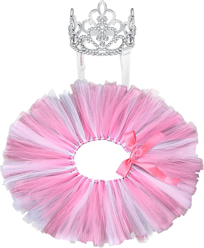 2 Pcs Dog Crown Headband Dog Tutu Dress Set Crystal Rhinestone Tiara Crown Tutu Skirt Pet Dress Costume for Puppy Birthday Party Wedding Photo Prop Costume(Large,Rose Red, White)