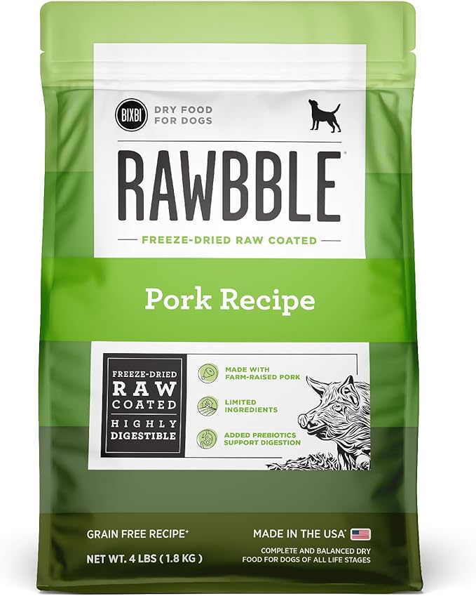 BIXBI Rawbble Dry Dog Food, Pork, 4 lbs - USA Made with Fresh Meat - No Meat Meal & No Corn, Soy or Wheat - Freeze Dried Raw Coated Dog Food - Minimally Processed for Superior Digestibility