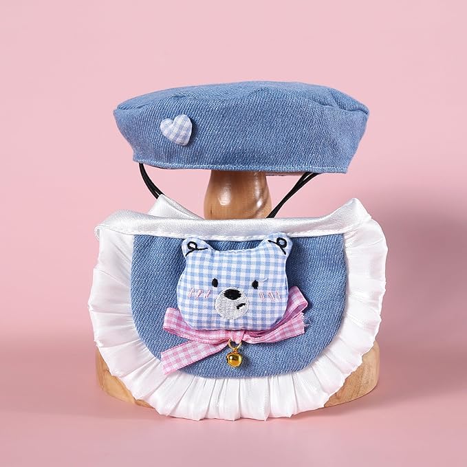 HOWWFALY Adorable Cat Princess Costume Blue Cat Beret with Little Heart & Bear Bib Scarf Bell Bow Set, Adjustable Pet Costume for Halloween Christmas Birthday Parties