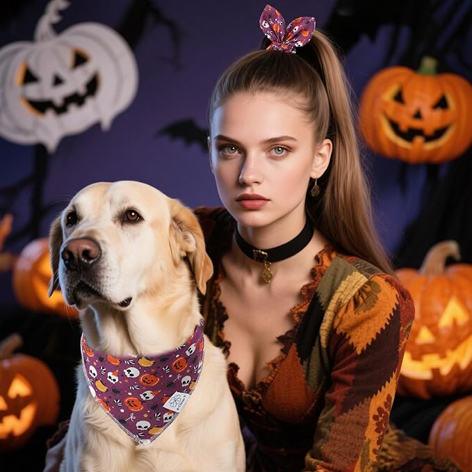 E-Clover Halloween Dog Bandanas & Matching Scrunchie Set Girl Cute Pumpkin Dog Scarf Bibs Pet Bandana with Bow Tie for Medium Large Dogs Owner Mom Purple Orange