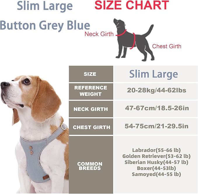 Dog Harness, No Pull Dogs Harness and Multi-Function Leash Set for Medium Dogs Easy Walk Everyday Adjustable Soft Dog Vest Harness Fashionable Dog Accessories Grey Blue-Button-Slim Large