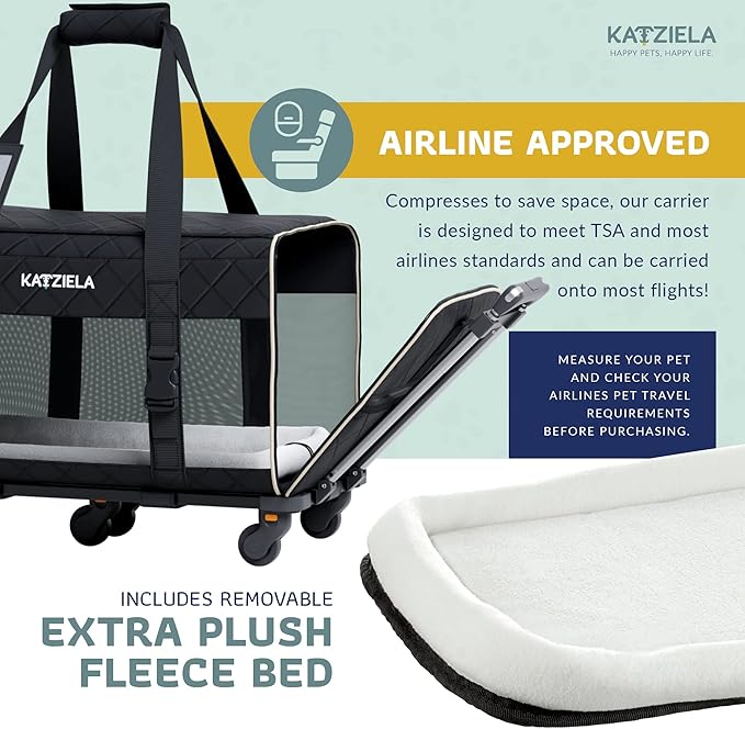 Pet Carrier Airline Approved - Dog Carrier with Wheels - TSA Airline Approved Dog Carrier - Rolling Pet Carrier with Wheels for Small to Medium Size Cat or Dog - Airplane Cabin Animal