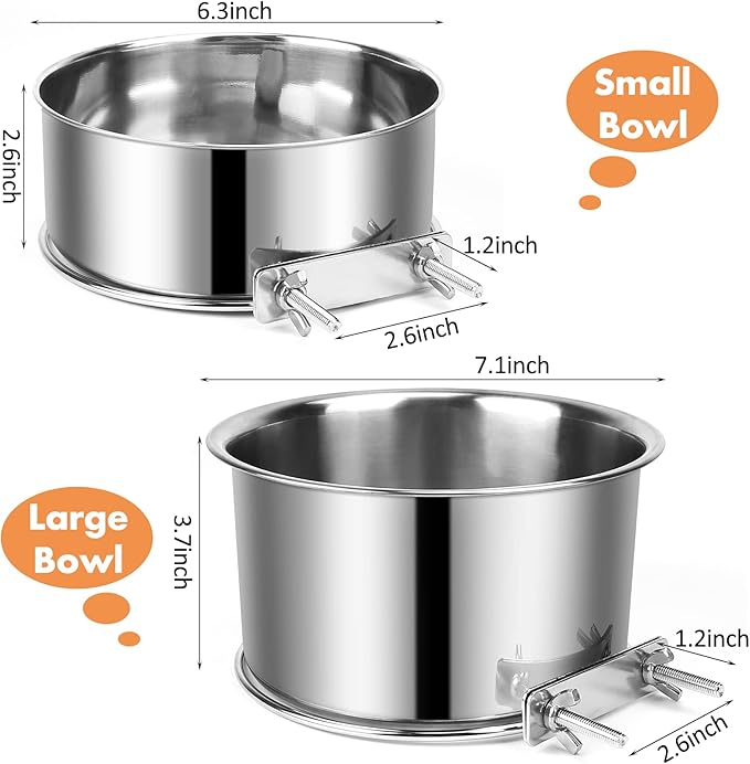 Dog Crate Water Bowl, 2 pcs Stainless Steel Large Dog Bowls 40oz & 60oz, Durable Anti-Spill Pet Metal Bowl for Cage Kennel Crate, Hanging Water/Food Bowl for Medium & Large Dogs