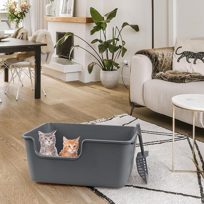 2 Pack High Side Plastic Litter Box with Cleaning Scoop, Grey Cat Litter Basin