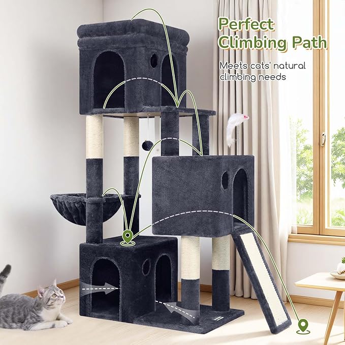 Globlazer Cat Tower for Multiple Indoor Cats, 52 inch Heavy Duty Cat Tree with 3 Condos, Plush Cat Condo with Scratching Posts and Pad for Adult Cats Kitten, Padded Perch, Basket Bed, F52B, Dark Grey
