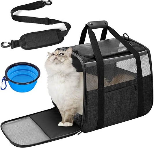 Cat Carrier Soft-Sided for Large Cats, Dog Carriers for Small Dogs, Airline Approved Pet Travel Carrier for Cats Puppies up to 16Lbs with Safety Zippers Foldable Bowl, 18x12.5x14.2, Black