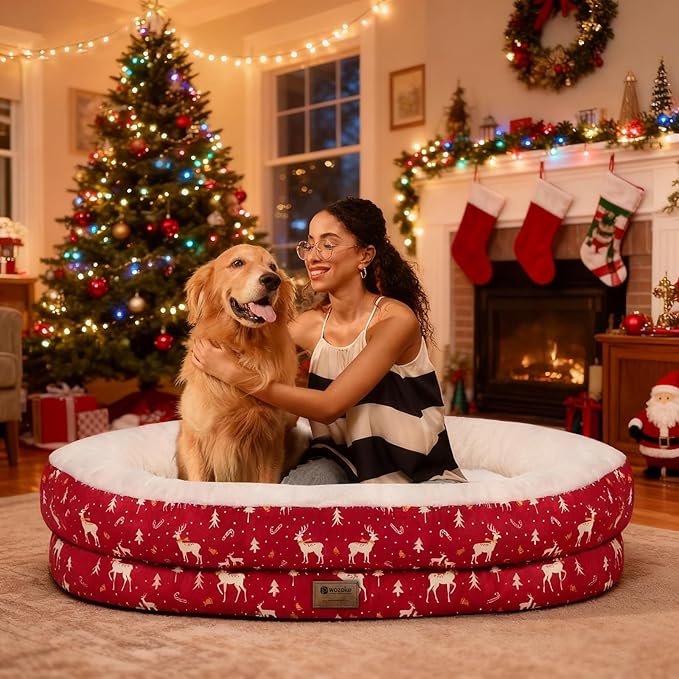 Christmas Orthopedic Washable Large Dog Bed: Memory Foam Waterproof Pet Bed with Bolsters - Removable Washable Cover for L XL XXL Large Sized Dog Bed - Non-Slip Bottom - Red