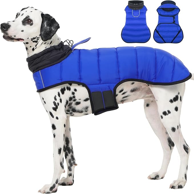 MIGOHI Lightweight Dog Puffer Jacket - Dog Winter Coat with Reflective Strips, Padded Vest with Harness Hole, Warm Snow Jacket Cold Weather, Easy On Hook & Loop Belly for Large Dogs, Blue, XL