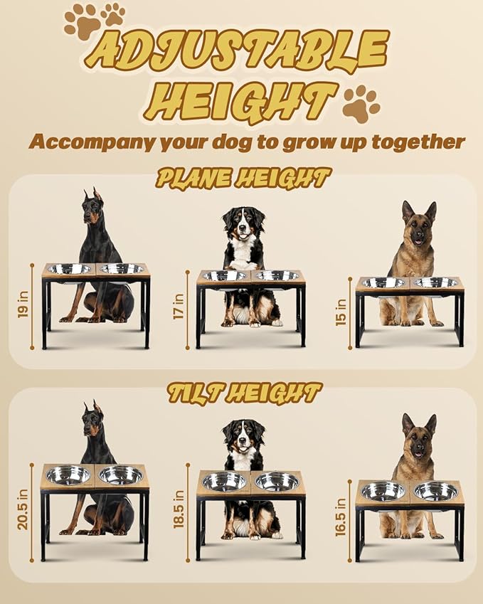 Elevated Dog Bowls Large Breed, 15"-20.5" H 4500ML Raised Dog Bowls for Large Extra Large Dogs, Bamboo Bowl Elevated with Stainless Steel Bowl, Metal Stand Adjustable Dogs Feeder