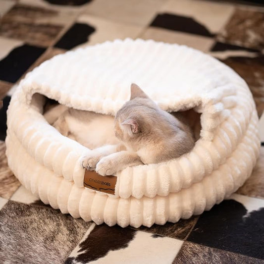 CHEERPALS Cat Bed Cave for Indoor Cats, Washable Round Cat Bed Soft Fluffy Pet Bed for Kitty, Puppy and Small Dog(White)