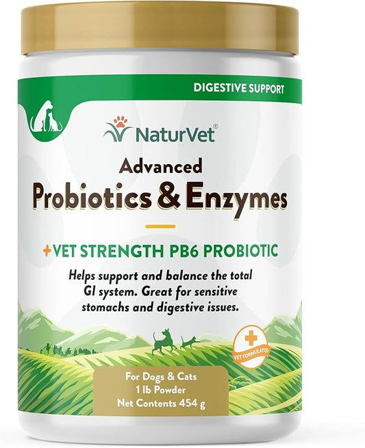 NaturVet – Advanced Probiotics & Enzymes - Plus Vet Strength PB6 Probiotic | Supports and Balances Pets with Sensitive Stomachs & Digestive Issues | for Dogs & Cats (1 lb)
