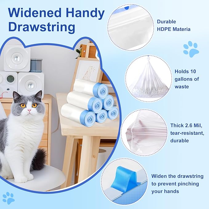 Thicken Cat Litter Bags 120 Pack, cat litter box liners, Leakproof Poop Bags & Waste Bags - Ultimate Odor Control and Leakproof Design,6 Rolls Drawstring Trash Bags for Automatic Litte(18x12.6 inches）