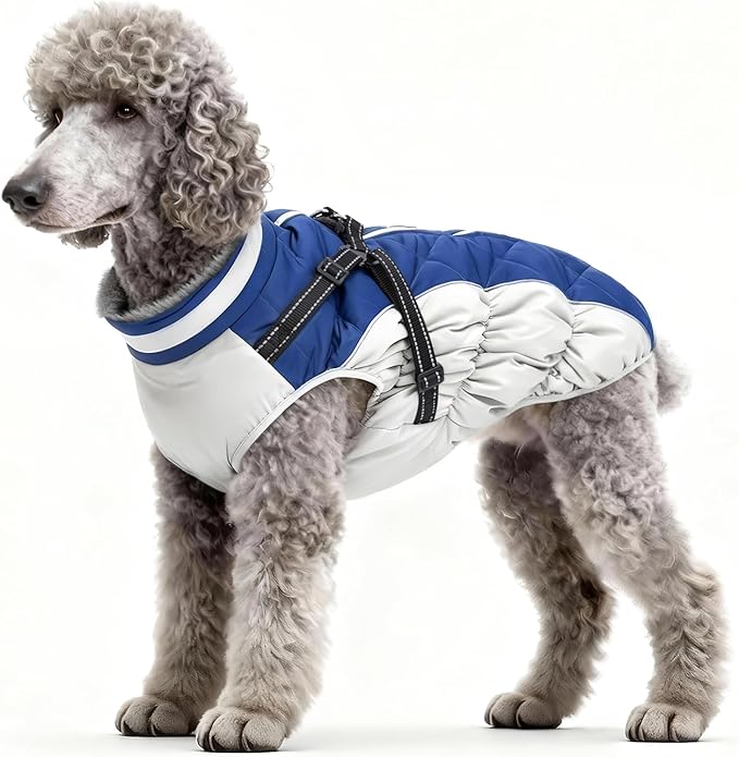 Dog Winter Coat with Harness, Dog Jacket, Pet Clothes with Zipper on Back, Waterproof Windproof Warm Vest, Reflective Cold Weather Coats, for Small Medium Large Dogs, Thick, Blue, L