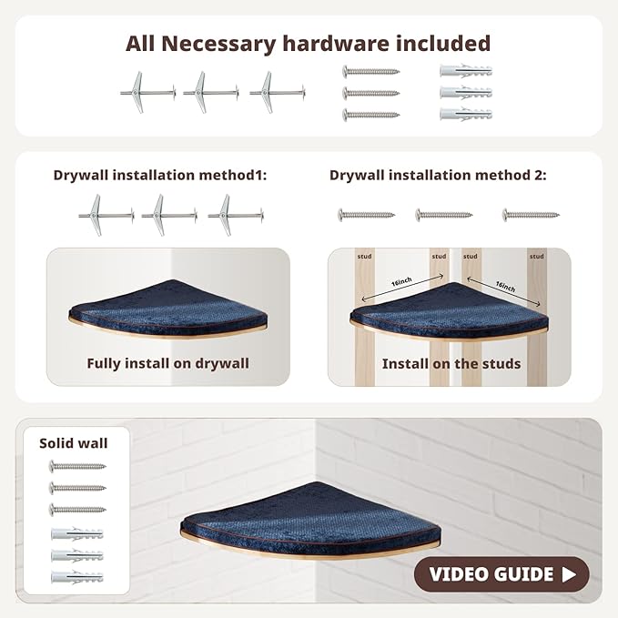 Wall Mounted Corner Cat Bed - Cat Shelf with Comfortable Cushion - Minimalistic Cats Furniture for Indoor Cats - Climbing Perch for Wall,Cream