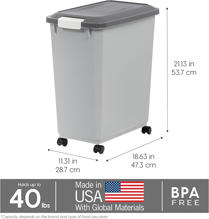IRIS USA Dog Food Storage Container with Wheels, Airtight Lid, 2-Cup Scoop, Up to 40 Pounds Pet Food Storage, Built in Scoop Storage in Lid, Versatile Pet Food Bin, Portable, BPA Free, Gray/Dark Gray
