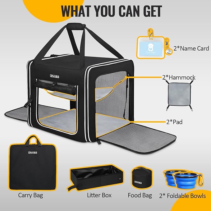 Petskd Portable Double Cat Carrier with Litter Box for Multiple Cats 2in1 Car Travel Carriers 36x17x17in Dual Large Cat Carrier with Safety Locking Zippers for Long Distance Travel