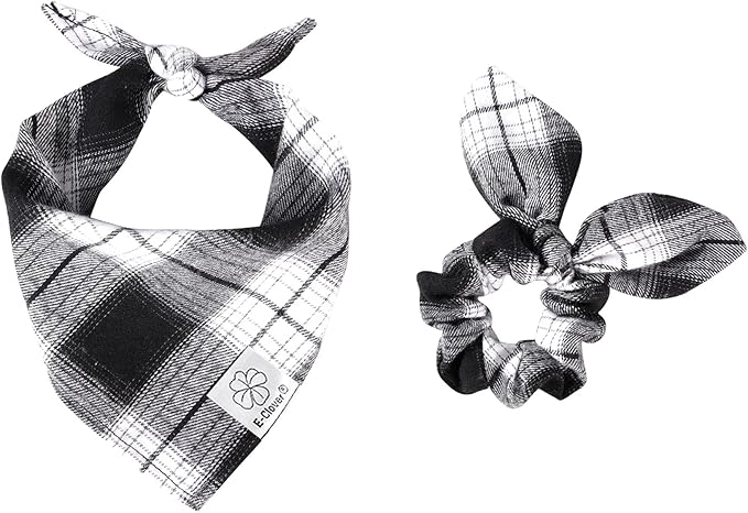 E-Clover Christmas Plaid Dog Scarf & Matching Scrunchie Set - Triangle Pet Bandana Bibs for Small Dog Puppy Owner Birthday Gifts - Black & White