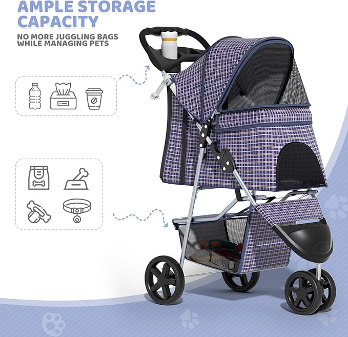 Magshion 3-Wheel Pet Stroller, Foldable Travel Jogger for Small & Medium Dogs & Cats (Up to 33lbs), Lightweight Carrier with Breathable Mesh Cover, Cup Holder & Storage Basket, Plaid