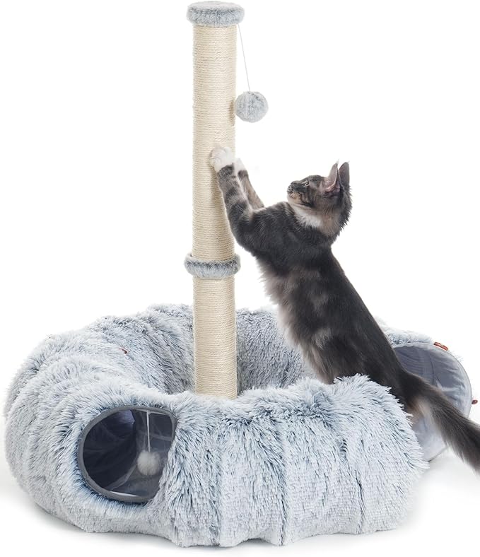 34'' Tall Cat Scratching Post with Tunnel Bed for Indoor Adults, Large Donut Tunnel, Fluffy Plush Peekaboo Cat Cave, Multifunctional Playground for All Cats