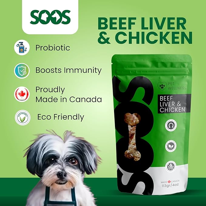 SOOS Natural Beef Liver & Chicken Treats for Dogs & Cats - High Protein, Grain Free, Vitamin Minerals, Healthy Training Treats - 113g