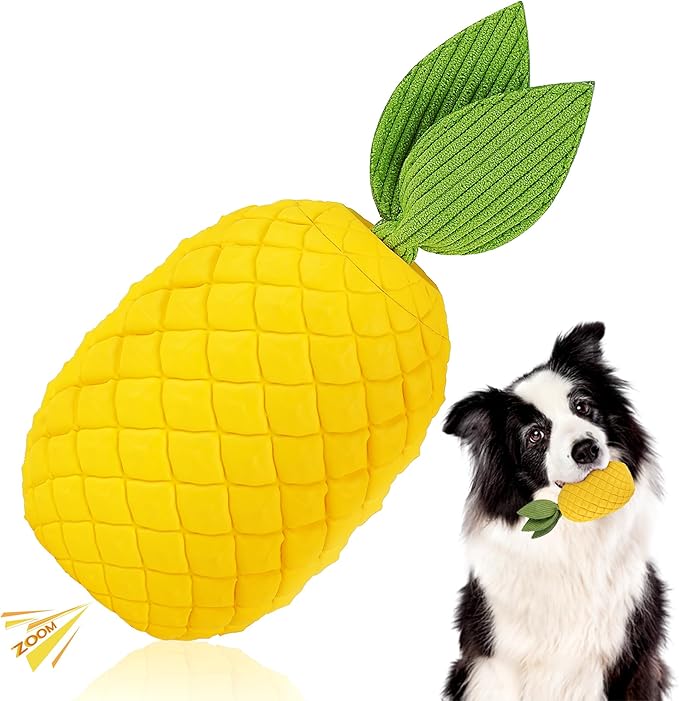 Pineapple Dog Toy, Indestructible Chew Toy with Squeaker, Durable Nature Rubber for Medium Large Breed Dogs, Interactive Play, Teeth Cleaning, Boredom Relief