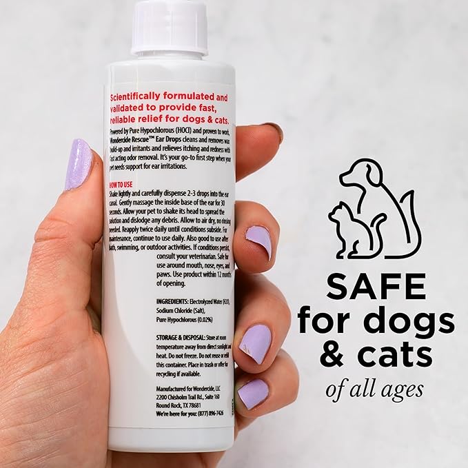Wondercide Rescue - Ear Drops for Pets - Cleans and Removes Wax Build-Up and Irritants for Dogs and Cats - Relieves Itching and Redness with Pure Hypochlorous - 4 oz