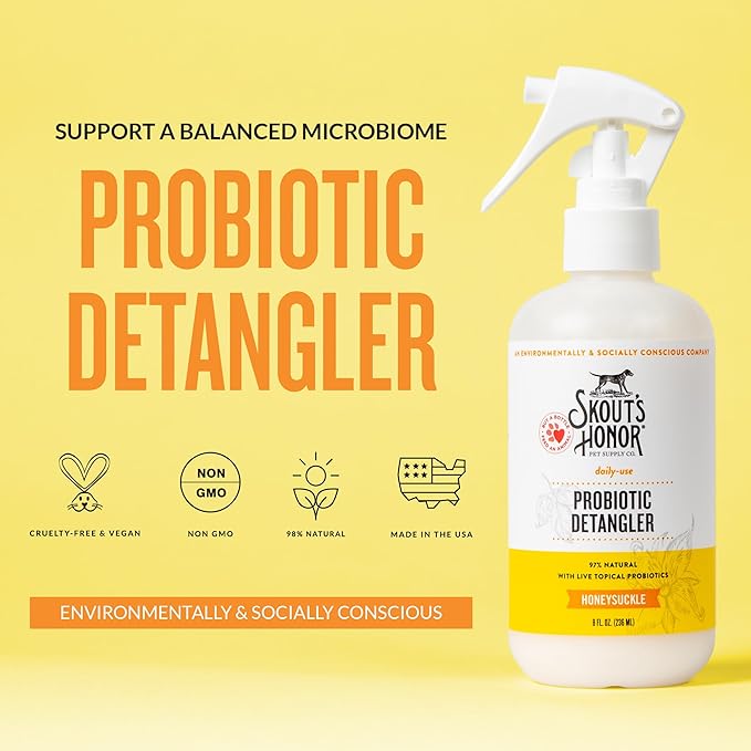 Skout's Honor Probiotic Pet Detangler Spray - Hydrating & Conditioning w/Avocado Oil, 97% Natural, Paraben & Sulfate-Free, softens for a More brushable Coat, Daily Use, 8oz, Honeysuckle, 2-Pack
