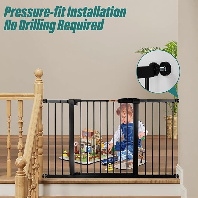 29-54" Dog Gates for Doorways No Drilling, Pet Gate Indoor, 30" Tall Metal Walk-Thru Gate, Easy One-Hand Open, Extensions & Wall Mounts Included (Black, 54" W x 30.5“H)