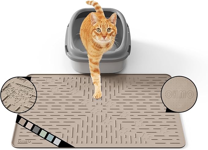 OHMO Cat Litter Mat Trapping Mat Premium Silicone Rubber 23.5x16 Beige, Waterproof and BPA Free Kitty Litter Box Mat, Easy to Clean and Keeps The Floor Tidy