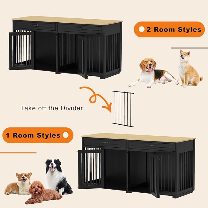 64.6" Furniture Dog Crate, Heavy Duty Wooden Dog Cage Furniture, Indoor Dog Kennel with Drawers & Removable Divider, Luxury Dog House with Double Rooms for Small Medium Breed Dogs, Black