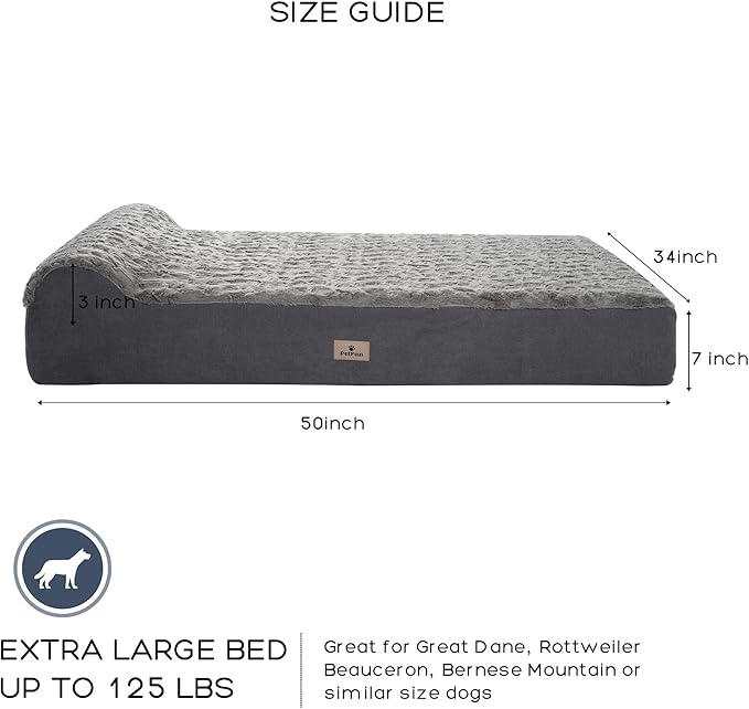 Jumbo Orthopedic Dog Bed for Large Dogs - 7-inch Thick Memory Foam Dog Bed with Pillow Removable Cover Machine Washable (Dark Gray | Textured Plush), 50''L x 34''W x 10''Th I Extra Large