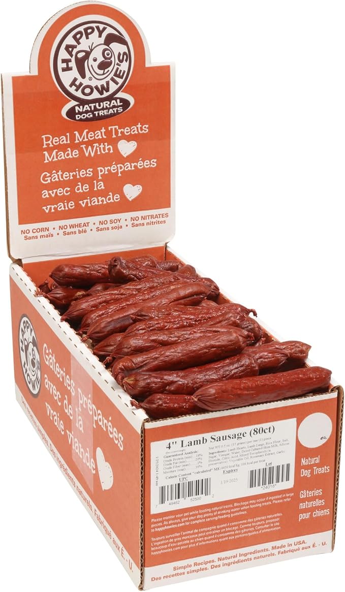 Happy Howie's Sausage Treats - Healthy Chewy Dog Treats, Flavorful Slow Cooked Lamb, Natural Ingredients, Hormone Free - Lamb, 80 Count (Pack of 1)