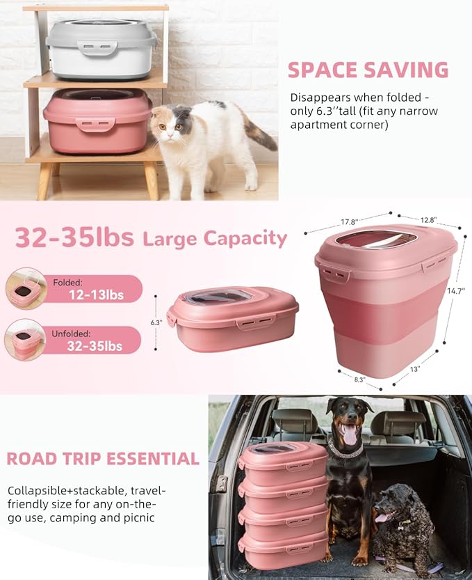 30-35 Lbs Dog Food Storage Container Collapsible Dog Food Container with Airtight Lids, Wheels, Scoop and 2pcs Food Storage Containers, Large Pet food storage for Dog, Cat (Pink)