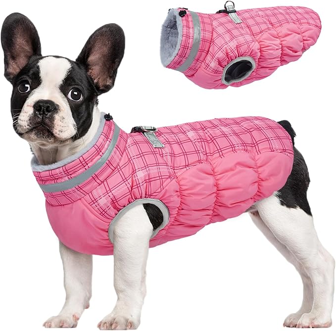 FUAMEY Dog Coat for Medium Dogs,Waterproof Dog Winter Jacket with Harness Built in Puppy Cold Weather Coats Reflective Pet Vest with Zipper Warm Fleece Dogs Snowsuit Windproof Rose Plaid M