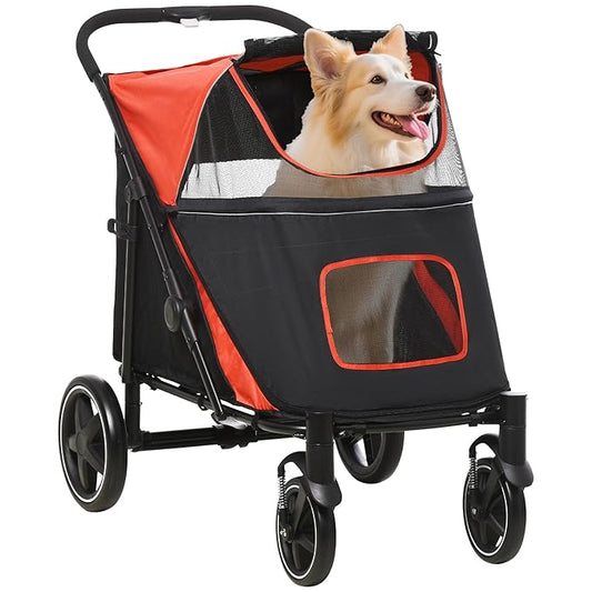 PawHut Dog Stroller for Large Medium Small Dogs up to 66 Lbs. 23.5" in Body Length, One-Click Foldable Pet Cat Stroller with Storage, Shock Absorption Wheels, Mesh Window, Safety Leash, Red