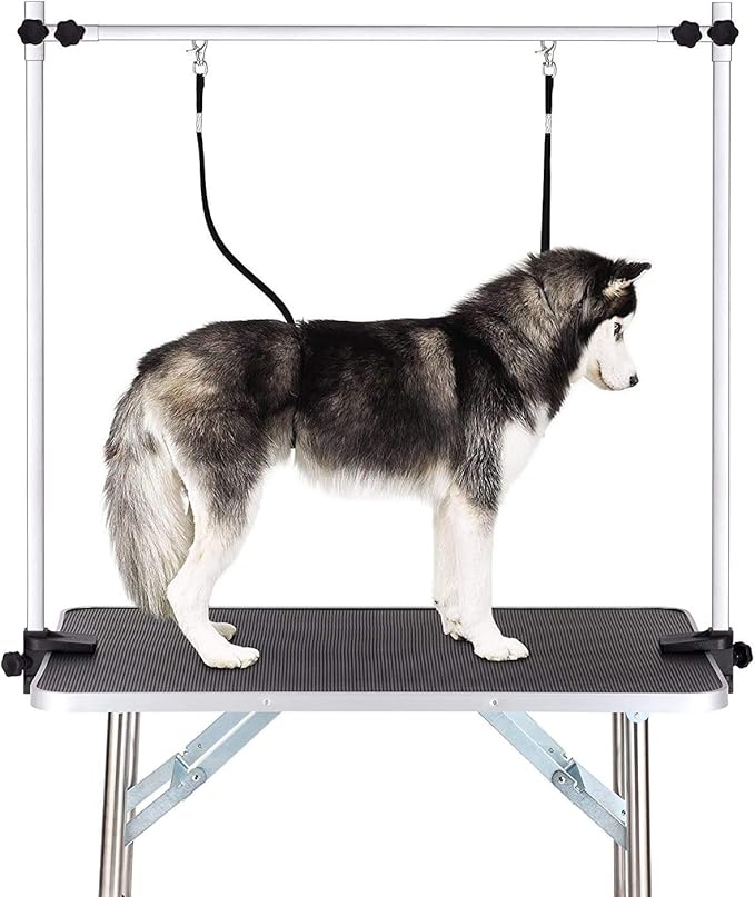 46 Inch Dog Grooming Table, Adjustable Height Pet Grooming Table with Armrest, Ropes and Mesh Tray, Suitable for Home and Dog Washing Station