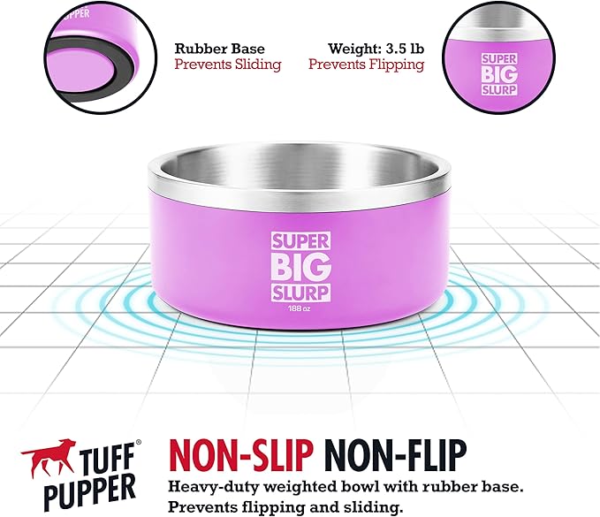 Tuff Pupper Heavy Duty Insulated Dog Bowl | Double Wall Stainless Steel Dog Food Dish | Non-Slip Spill Proof Dishwasher Safe Cat Bowl | Water Dish for Feeding Large Medium Small Pets (188oz, Pink)
