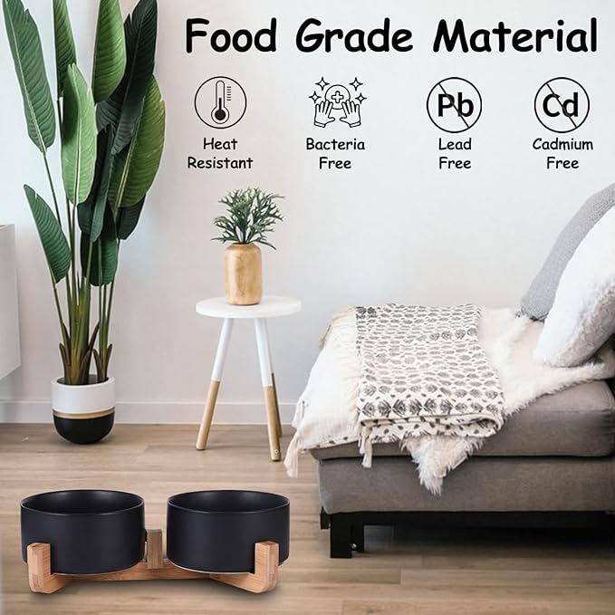 Petygooing Dog Bowls,Black Ceramic Cat Dog Bowl Set with Wood Stand for Pet Food and Water,Non-Slip Cute Modern Pet Dish Set for Cats Small and Medium Dogs (28OZ/6.1 in)