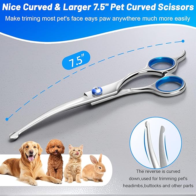 Dog Grooming Kit 9pcs Professional Scissors Set with Comb for Dogs Cats Dog Brush for Shedding Nail Clipper with Nail File Brushes for Grooming Safety Round Tip Shears Kit Blue Small Large Pet