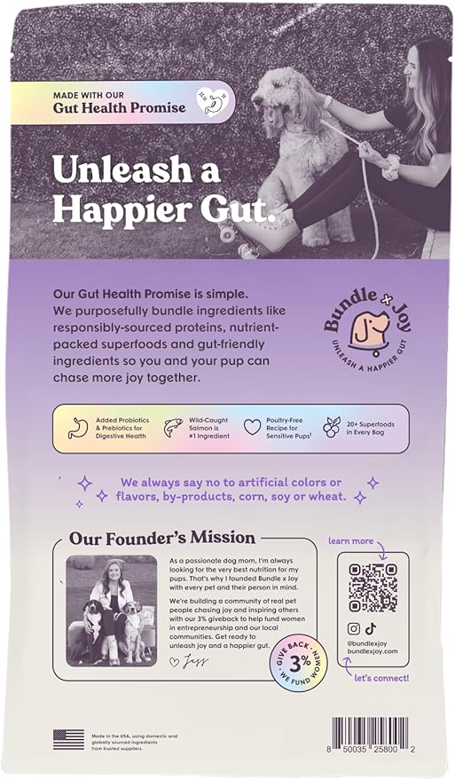 Vibrant Salmon Probiotic Dog Food Dry, 4lb Bag, Allergy and Gut-Friendly Adult Kibble for Digestive Health with Wild-Caught Salmon, 20 Plant Based Superfoods, Beef and Poultry Free