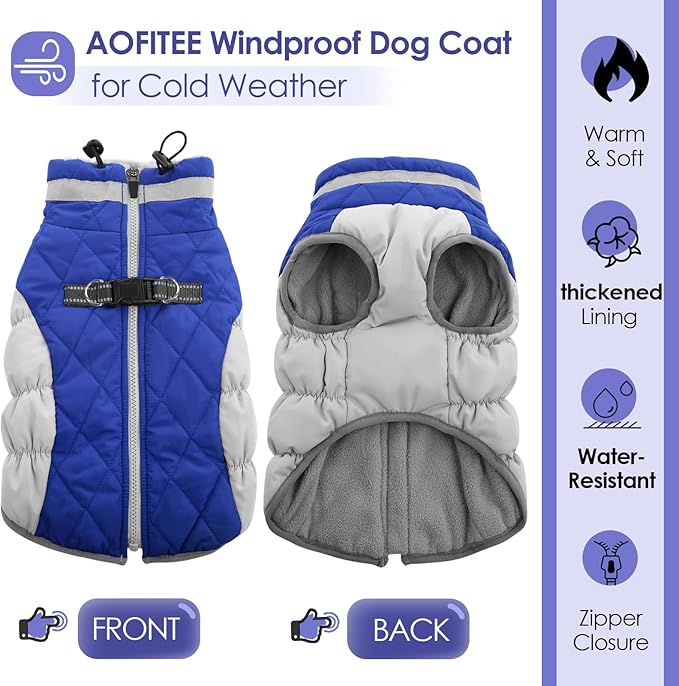 AOFITEE Dog Coat, Warm Winter Jacket for Medium Dogs, Reflective Turtleneck With Built-in Harness, Waterproof Windproof Pet Fleece Vest Puffer, Blue M