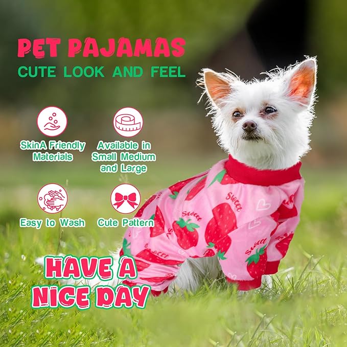 Dog Pajamas Soft Lightweight Dog Onesies Outfit Clothes for Small Medium Large Puppy Pjs for Pet Boys Girls Dogs Cats (S (Back: 10",Chest: 14", Neck: 9.5"), Strawberry)