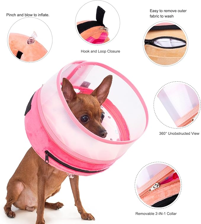 Inflatable Dog Cone Collar for Large Medium Small Dogs, Soft Dog Donut Collar Adjustable Recovery Cone for Pets After Surgery, Extra Enhanced Anti-Licking Guard Shield (Pink Donut, Medium)